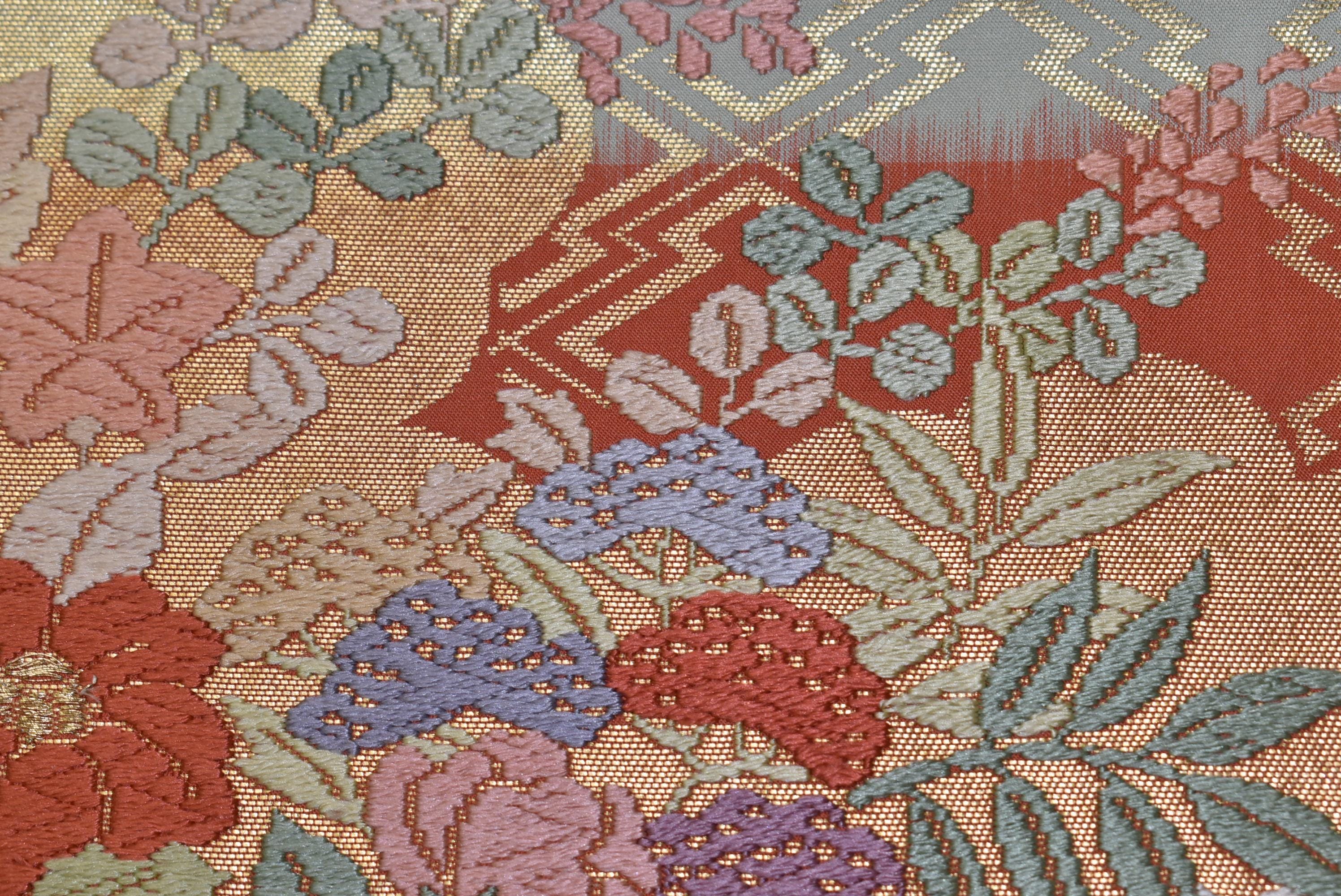 多色花柄刺繍 袋帯 アイボリー 花柄刺繍 袋帯