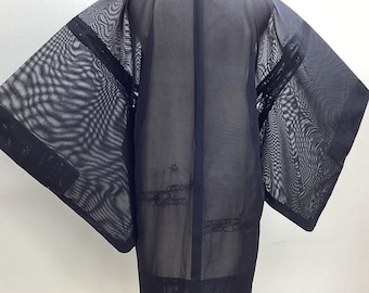 K515 Vintage Silk Kimono Haori Jacket(sha) : Black Blue