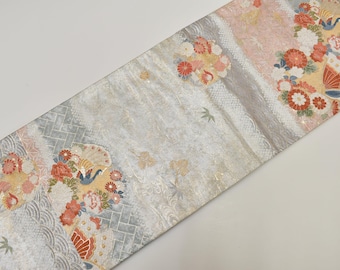 Y890 ヴィンテージ シルク 着物 袋帯 紺 金刺繍 / 唐織 三重塔 京都