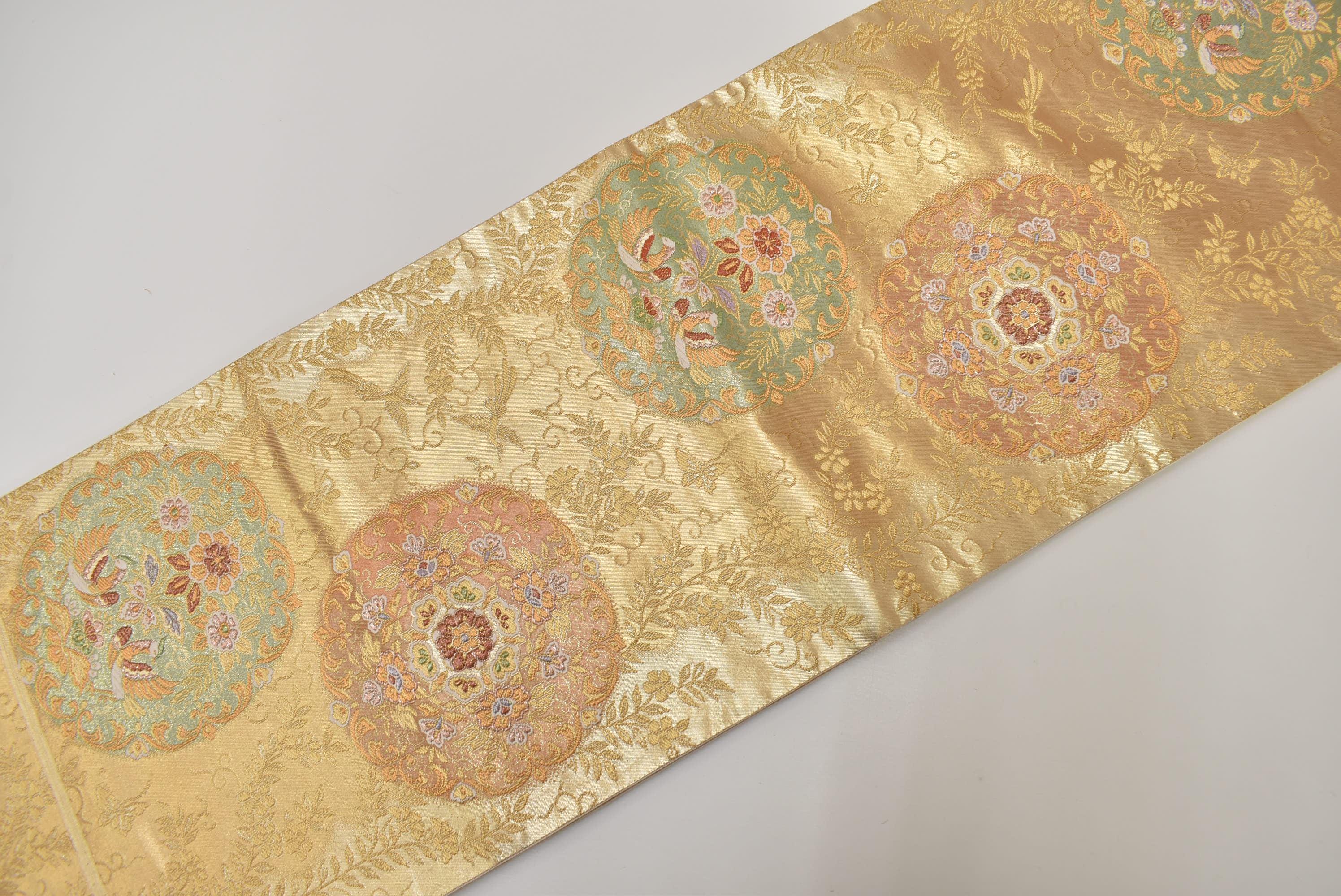 Y156 ヴィンテージ シルク 着物 帯 袋帯 金刺繍 / 丸花 幾何学模様