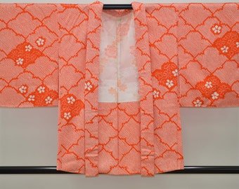 K103 Vintage Silk Kimono Haori Jacket : Fully Shibori Salmon Pink Plum Blossom