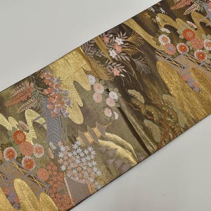 5k2272 袋帯　絹　本金箔　五重の塔　鴛鴦　金色　ピンク　白　花柄　和装 Y890 ヴィンテージ シルク 着物 袋帯 紺 金刺繍 / 唐織 三重塔 京都