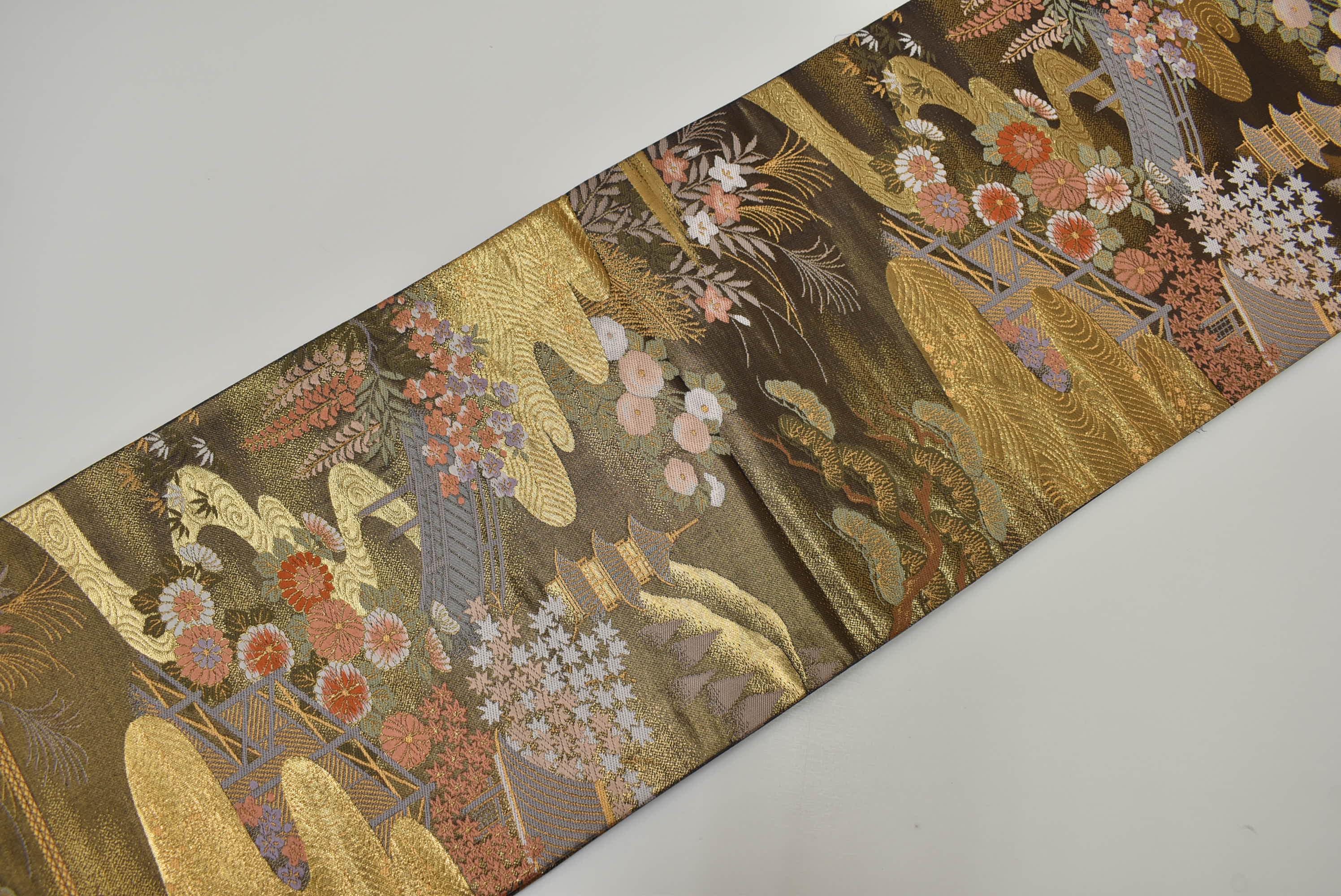 Y890 ヴィンテージ シルク 着物 袋帯 紺 金刺繍 / 唐織 三重塔 京都