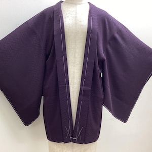 K325 Vintage Silk Kimono Haori Jacket : Dark Purple / Sayagata Geometric by Jacquard Weaving