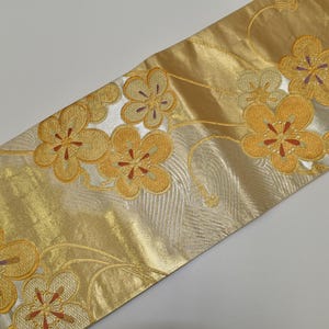Y847 Vintage Silk Kimono Obi Belt &#39;Fukuro-Obi&#39; Gold Silver Processing / Riverside Plum blossoms Obi Cord &quot;Obijime&quot;