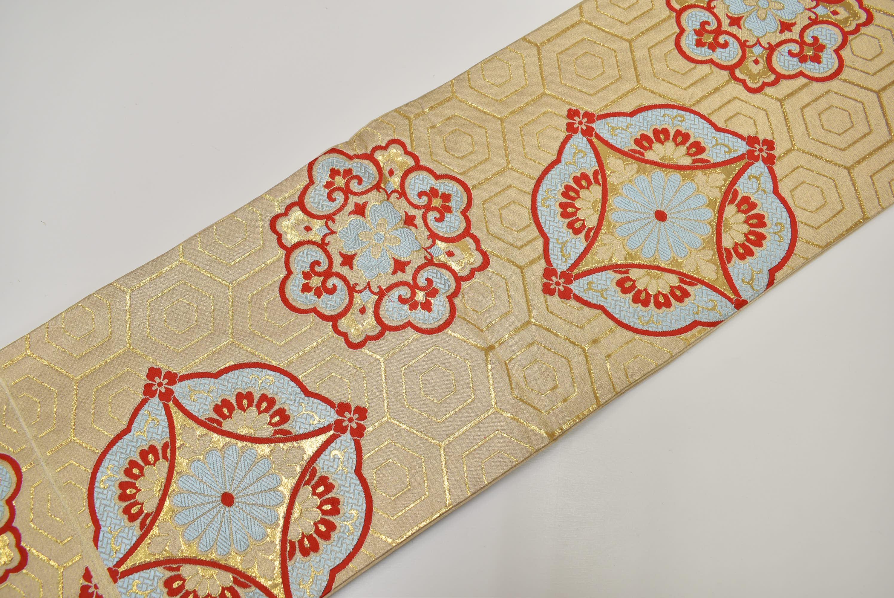 Y416 ヴィンテージ シルク 着物 帯 袋帯 金刺繍 / 丸花 幾何学模様 六 