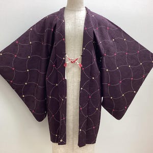 K51 Vintage Silk Kimono Haori Jacket : Dark Purple Shibori / Kanoko-dot Rhombus Mesh Motif Folding Fan
