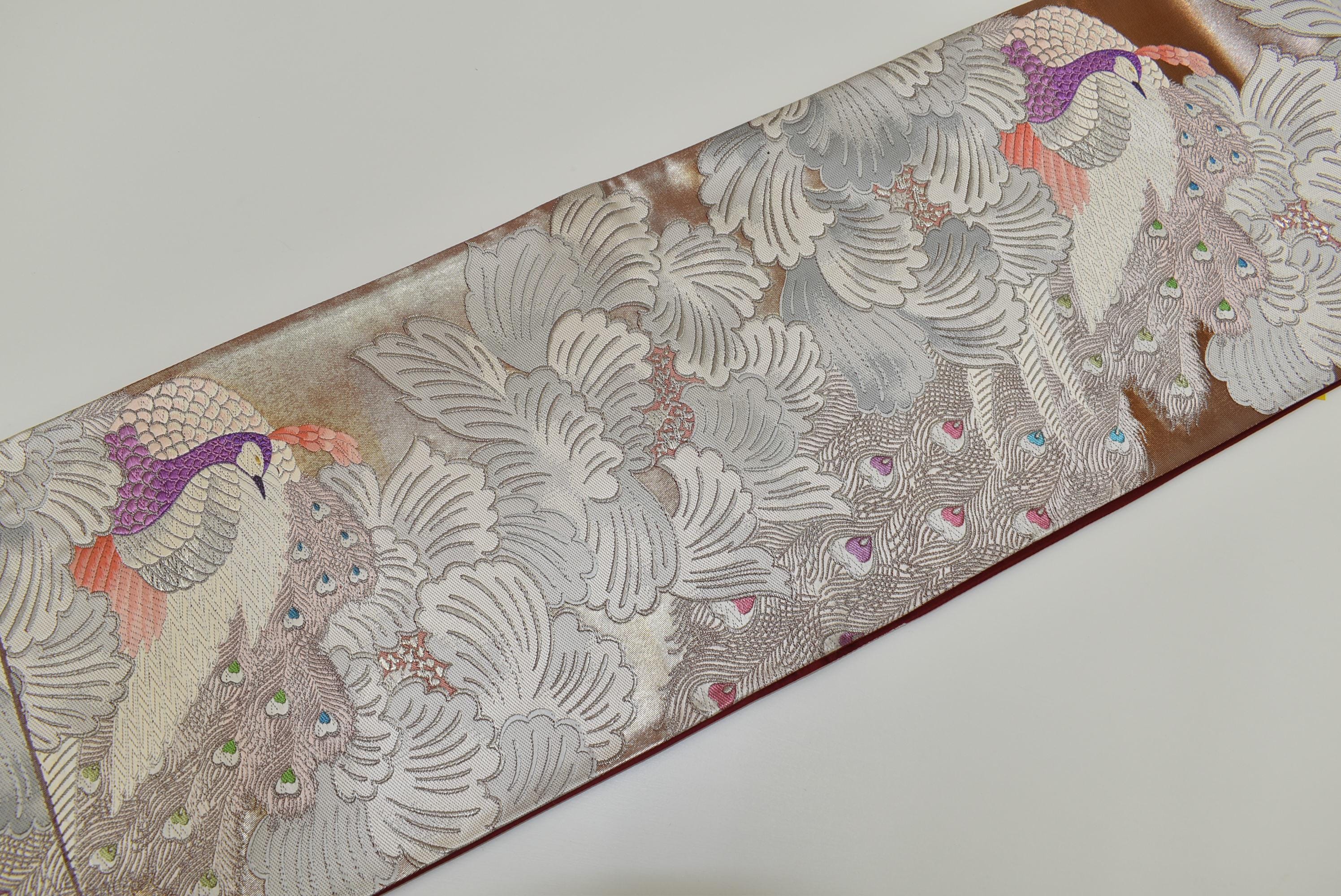 Y167 Vintage Silk Kimono Obi Belt 'fukuro-obi' Red Brown Silver