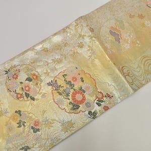 Y809 ヴィンテージ シルク 着物 帯 袋帯 アイボリー 金銀 刺繍/唐織 