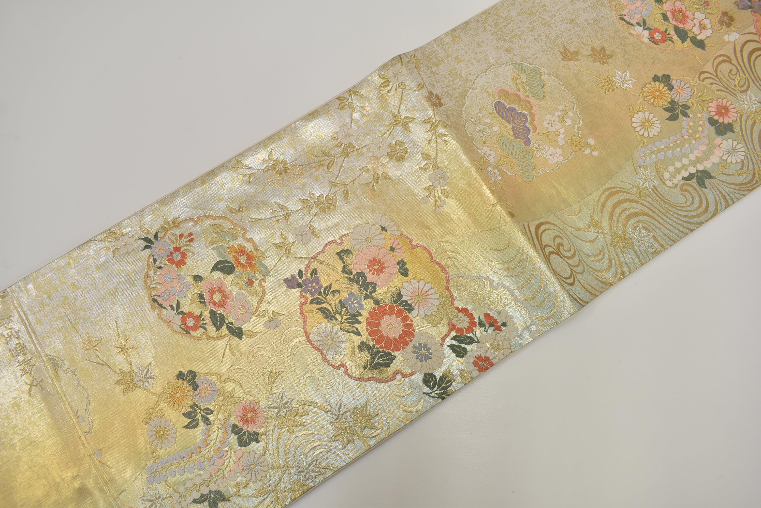 Y809 ヴィンテージ シルク 着物 帯 袋帯 アイボリー 金銀 刺繍/唐織 