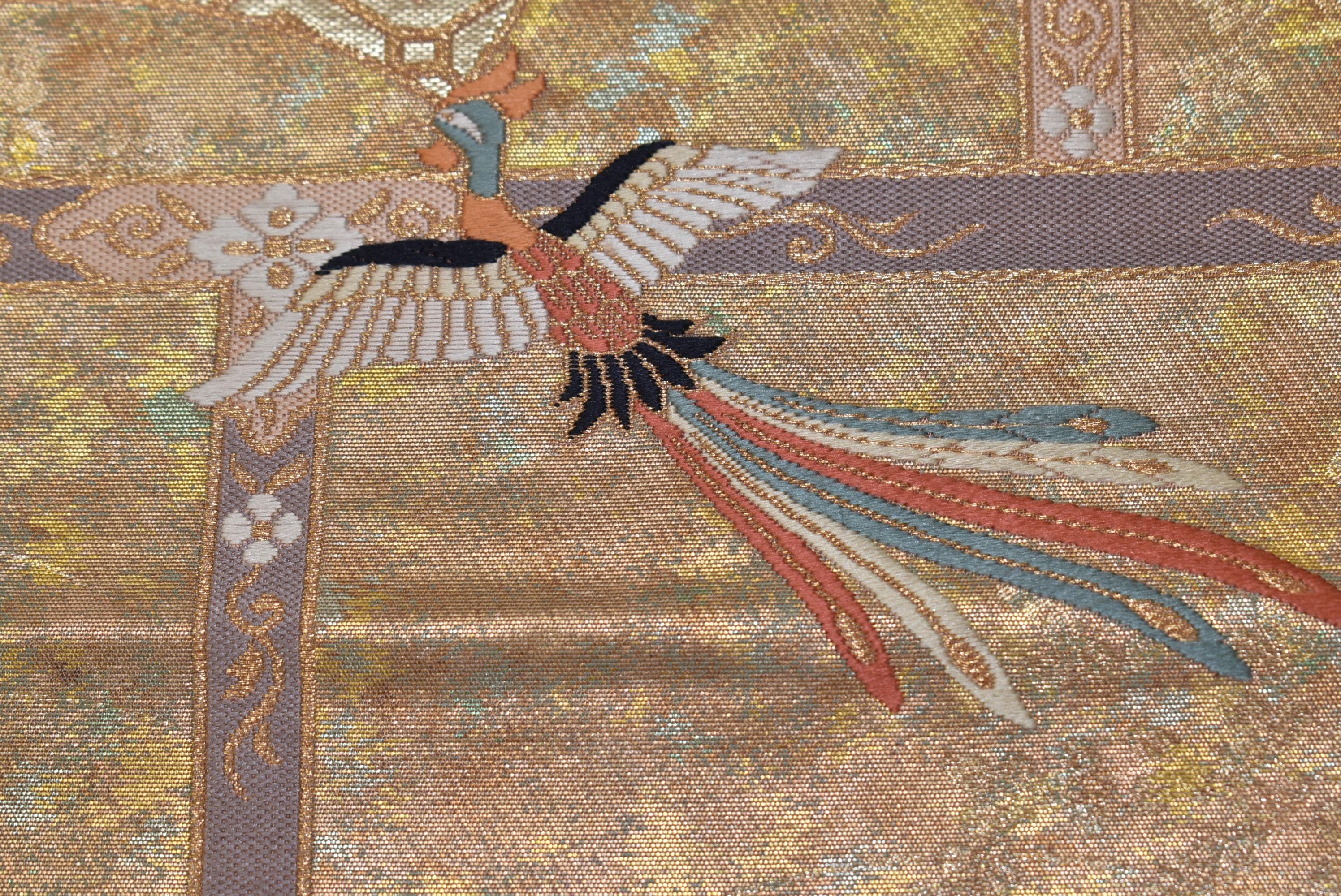 【限定セール，人気】 ☆アンティーク 丸帯 唐織刺繍 扇子に鳳凰 草花車 正絹 大正ロマン☆m318