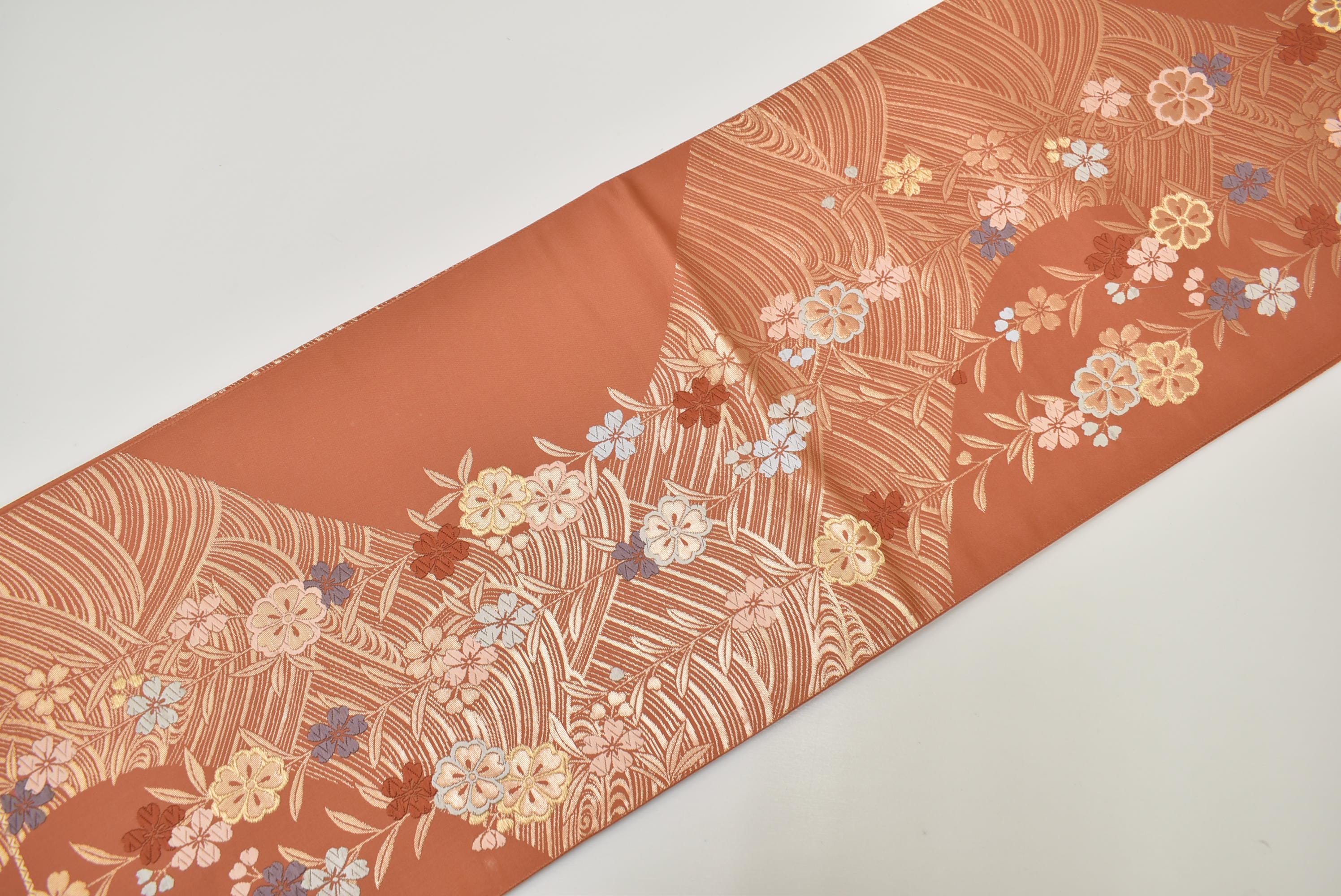 Y18 ヴィンテージ シルク 着物 帯 袋帯 ピンク ブラウン 金彩 刺繍 
