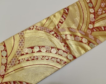 Y534 Vintage Silk Kimono Obi Belt &#39;Fukuro-Obi&#39; Dark Red Gold Lame Processing / Flower Round Tsunami wave