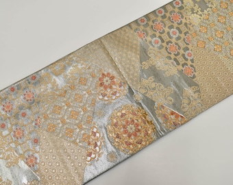 Y214 ヴィンテージ シルク 着物 帯 袋帯 黒 紫 金彩 刺繍 / 唐織 桜