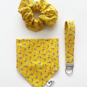 May include: A yellow scrunchie, dog bandana, and wrist strap with a bee design. The scrunchie is made of gathered fabric. The bandana is triangular. The wrist strap has a silver metal ring. The bee pattern has brown and grey details.