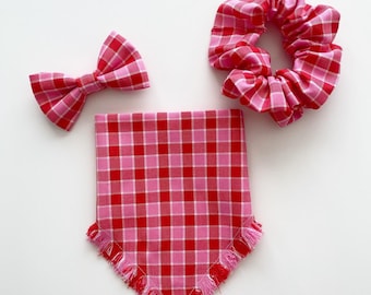 Pink tartan love bug, Slip on collar dog bandana set, with matching scrunchies and bow ties