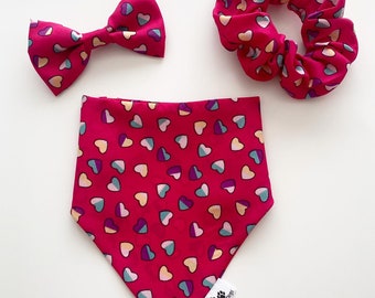 Pink hearts, valentines Slip on collar dog bandana set, with matching scrunchies and bow ties