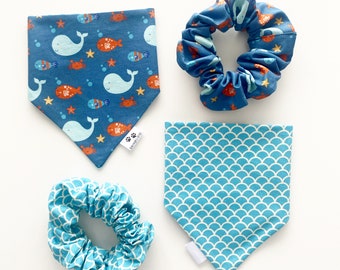 Whales at sea, matching items, slip on collar bandana set