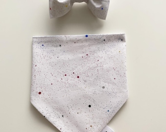 Sparkly white, dog bandanas, matching items, slip on collar bandana set
