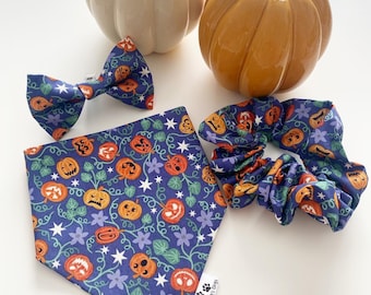Pumpkin Vibes slip on collar Dog bandana and bow tie  set