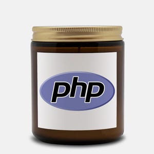 May include: A brown glass jar with a gold lid. The jar has a white label with the word "php" in black letters inside a blue oval. The candle is likely scented.