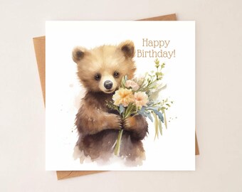 Happy Birthday Card, Cute Teddy Card, Card for Her, Birthday Card, Animal Card, Teddy Bear Card, Bear and Flowers Card, Square Greeting Card