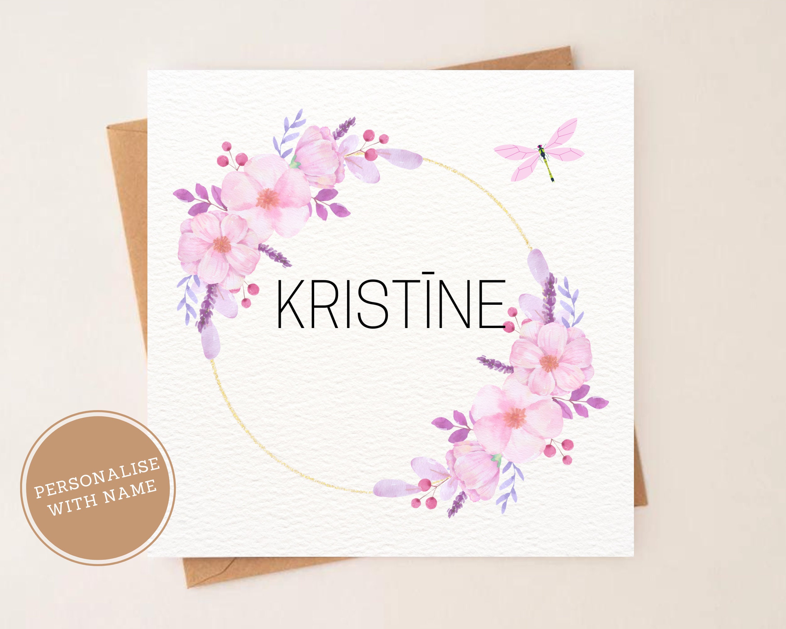 Personalised Name Card, Greeting Card in Latvian, Name Day, Pink Floral
