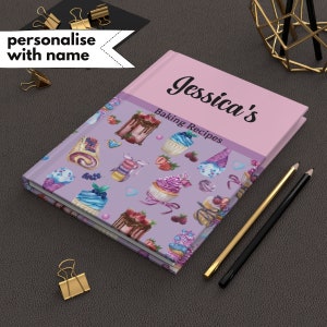 May include: A purple baking recipe journal with a watercolour pattern of cupcakes, cakes, and berries. The cover says "Jessica's Baking Recipes".