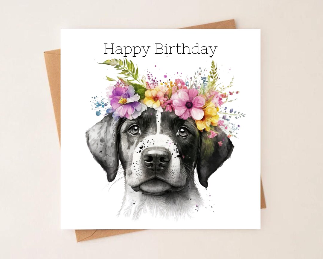 Flowers and Cute Dog, Birthday Card, Card for Her, Classic Birthday ...