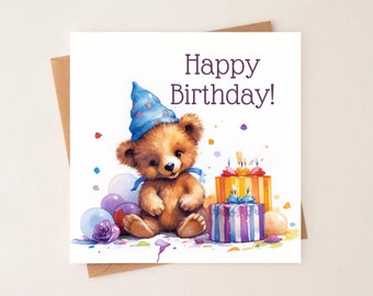 Happy Birthday Card, Cute Teddy Card, Card for Kids, Birthday Card, Animal Card, Teddy Bear Card, Kids Birthday Card, Square Greeting Card