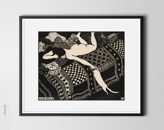 Vallotton Laziness Art Print, Nude Woman and Cat, Black and White Decor