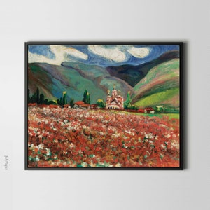 Kosovo Peonies by Nadežda Petrović, Red Peony Field and Church, Landscape Fine Art Print