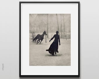 Vintage Equestrian Art Print: Woman Horse Trainer, Snow Scene