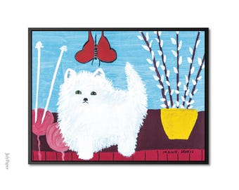 Fluffy White Cat with Yarn by Maud Lewis Print Cat Folk Art Wall Decor