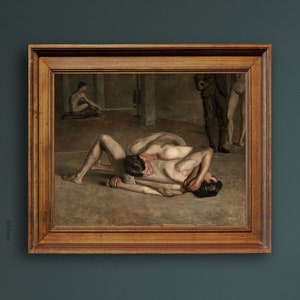 worstelaars schilderen, Thomas Eakins kunst, twee mannen schilderij, kunstcadeau, twee worstelaars olieverfschilderij, menselijke figuren, Fine Art poster