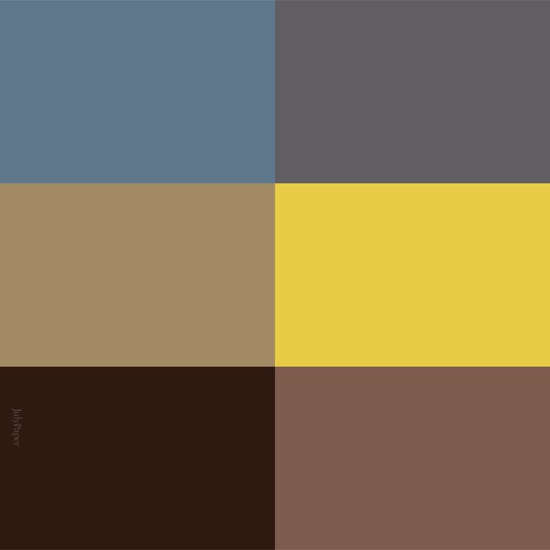 May include: A digital illustration of six color swatches. The colors are a light blue, a dark gray, a light brown, a yellow, a dark brown, and a light brown.