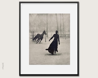 Vintage Equestrian Art Print: Woman Horse Trainer, Snow Scene
