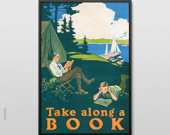 Take Along a Book Poster Vintage Father and Son Reading by Lake Camping Art Print