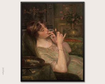 Portrait of Suzanne Art Print, Vintage Woman Smoking Art, Feminine Wall Decor,  Auguste Leveque Painting, Moody Portrait