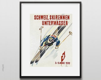 1939 Switzerland Ski Race Poster, Vintage Ski Poster, Vintage Sport Poster, Ski Lodge Decor, Gift for Skiers