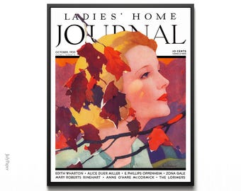 Ladies Home Journal Cover Wall Art, Art Deco Autumn Portrait, Vintage Feminine Magazine Print