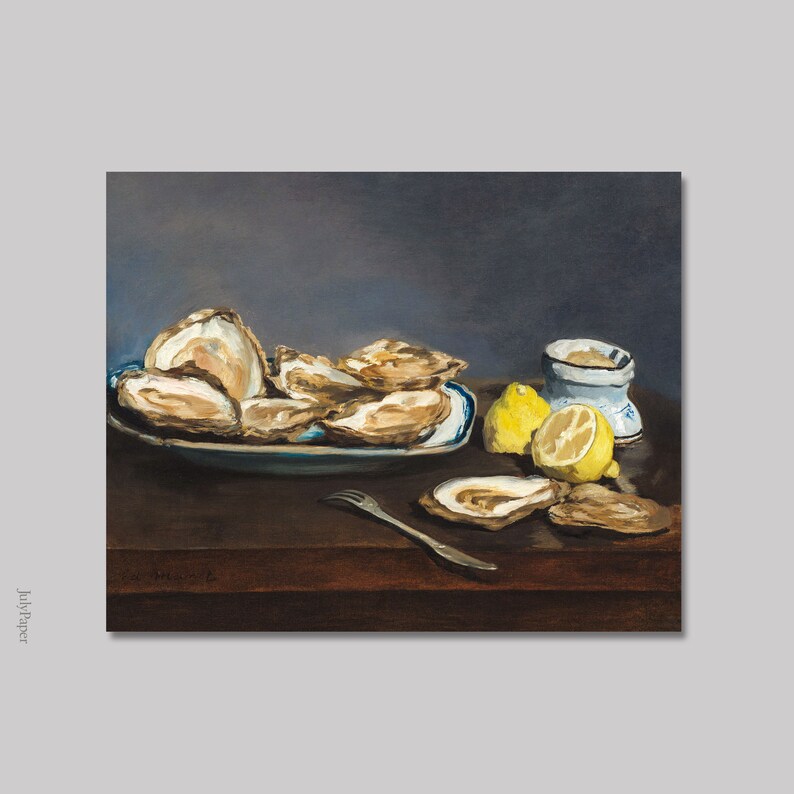 May include: A still life painting of a plate of oysters, lemons, and a small bowl of salt. The oysters are arranged in a circle on a blue and white plate. The lemons are yellow and are sitting next to the plate. The bowl of salt is white and is sitting on a wooden table.