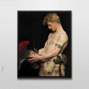 May include: A framed print of a classical painting depicting a fair-skinned person holding a Roman helmet. The person is wearing a fur garment and a decorative arm band. The helmet has a red plume and gold accents.