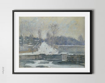 ルーヴシエンヌの雪 - アルフレッド・シスレーの手描き油絵複製、冬の