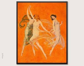 Dance of Three Muses Art Nouveau Print Warren Davis Orange Classical Figurative Art