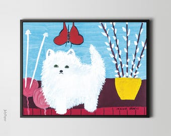 Fluffy White Cat with Yarn by Maud Lewis Print Cat Folk Art Wall Decor