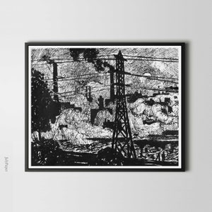 Dibujo de una central eléctrica de Henry Sayen, bocetos en blanco y negro, arte mural en blanco y negro, impresión de bellas artes