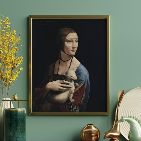 レオナルド・ダ・ヴィンチ絵画、油彩８号、白貂を抱く貴婦人、高級額縁、肉筆。 白貂を抱く貴婦人 - Wikipedia