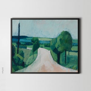 Könnte beinhalten: Ein Gemälde, das eine kurvenreiche Straße durch eine grüne Landschaft zeigt, mit einem hohen, schlanken Bauwerk im Hintergrund. Der Himmel ist hellblau und die Bäume sind tiefgrün.