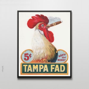 1905 Tampa Fad Rooster Cigar Tobacco Crate Label Poster – Vintage Americana Art Print, Cigar Room Decor